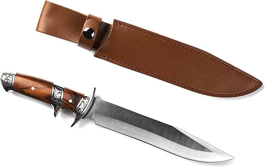 Wild Wolf X42 Survival Camping Fishing Fixed Semi-Full Tang Blade Hunting Knife with Rosewood Handle and Leather Sheath