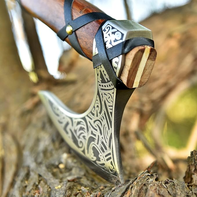 Viking Axe Ragnar Lothbrook Hunting Axes Rosewood Handle - High Carbon Steel Blade Sharp EDG Wood Working Hand Tool - Tomahawk Bearded Axes - Forged Outdoor Camping Tools Axe with Leather Cover