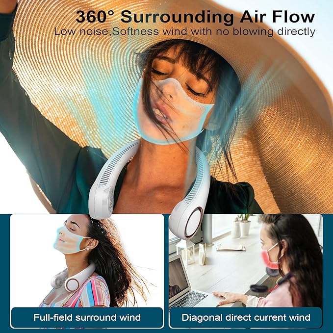 CIVPOWER Neck Fan: Portable Personal Neck Cooling Rechargeable Bladeless Fan - Hands Free 3 Speed 4000 mAh Battery USB Operated Wearable Headphone Design - for Men Women Outdoor Indoor (White)