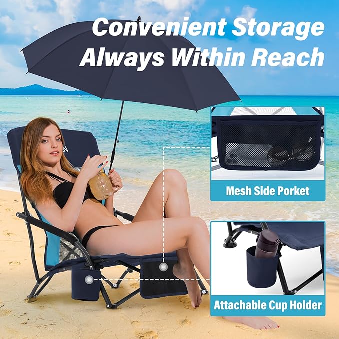 Homcosan Portable Low Folding Beach Chairs Set of 2 with Detachable Umbrellas - Lightweight Camping Chairs for Adults with Cup Holder & Storage Pockets, Carry Bag Included (Navy & Blue)