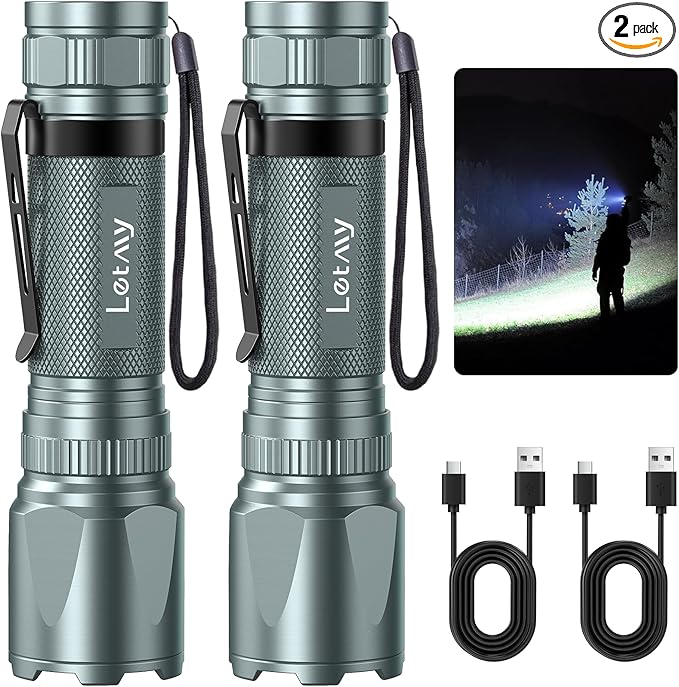 LETMY Rechargeable Flashlights High Lumens, 2 Pack 2000 Lumens Bright LED Tactical Flashlight, 3 Modes Samll Powerful Flash Lights with Clip, Waterproof Flashlights for Home Emergency Camping (Grey)
