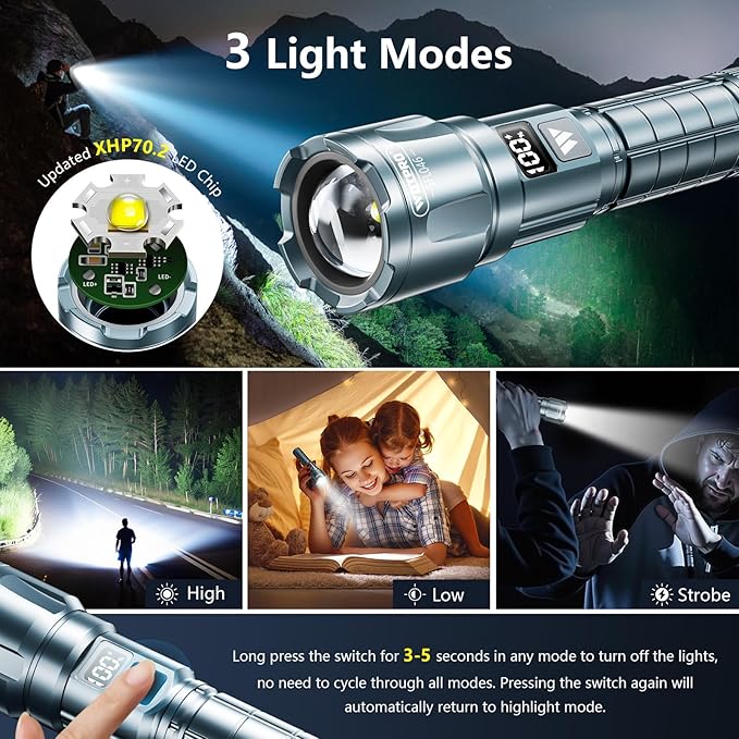 WdtPro LED Rechargeable Flashlight 2 Pack, Super Bright Zoomable 6000 Lumens Tactical Flashlight with LCD Digital Display, 3 Mode Waterproof Flash Light for Camping, Hunting & Home Emergency - Grey