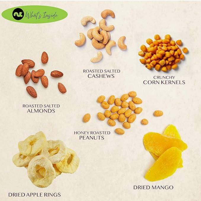NUT CRAVINGS - Diwali Sweets Hamper Dried Fruit & Mixed Nuts Basket in Green Box (6 Assortments of 4 oz, 1.5 lb) Food Arrangement, Healthy Snack Care Package, Food Assortments