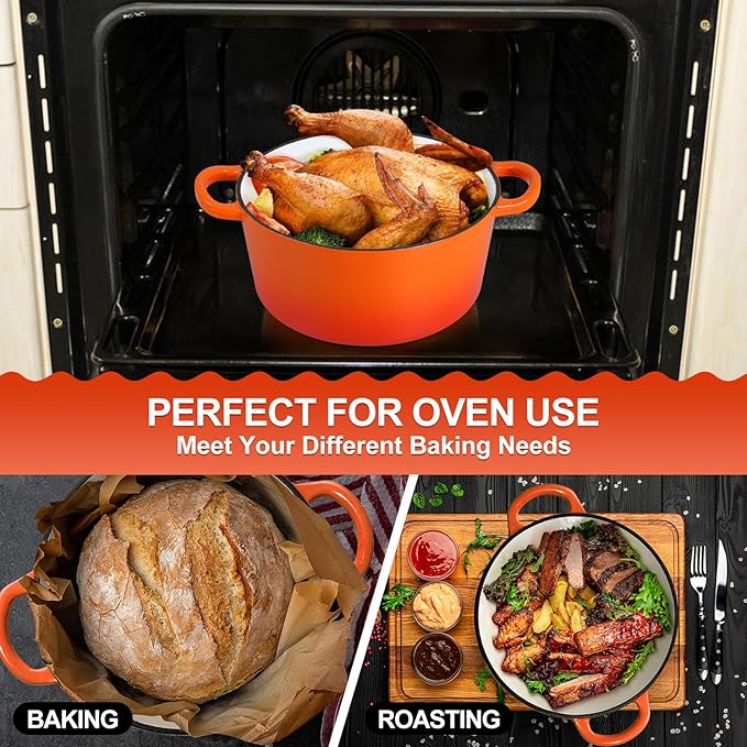 P&P CHEF 6QT Enameled Dutch Oven, Cast Iron Dutch Oven Pot with Lid for Bread Baking, Enameled Casserole Pot for Roasting Braising Stewing Frying Simmering, Various Stoves & Easy Clean, Orange