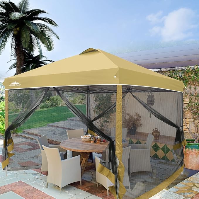 EAGLE PEAK 10x10 Outdoor Easy Pop up Canopy with Netting, Instant Screen Party Tent with Mesh Side Walls, Beige