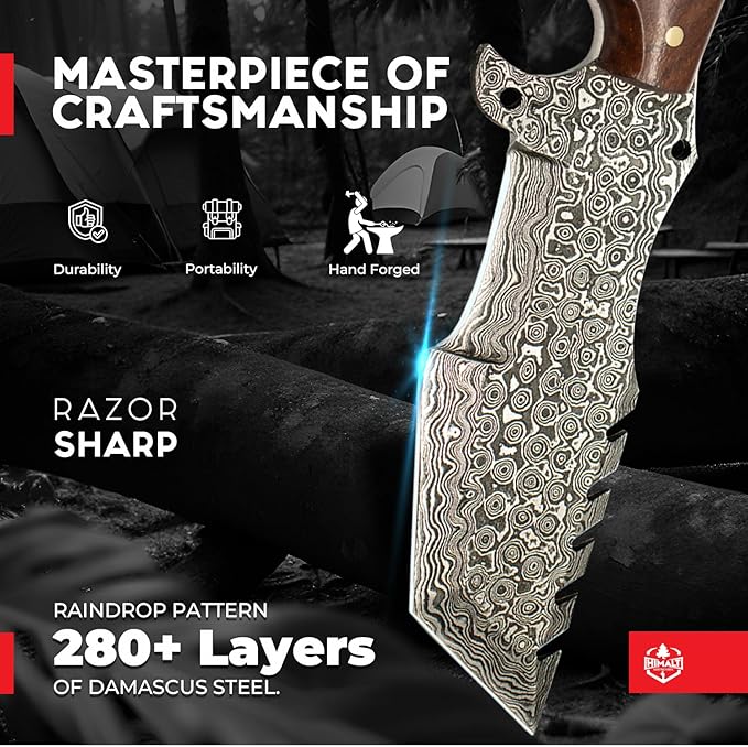 10.5” Damascus knife-Fixed Blade Hunting Knife with Sheath-Bushcraft knife-Survival Knife-Camping knife- Ideal For EDC, skinning, Camping, Outdoor-Best Hunting Knives For Men.Red wood, Camel Bone & Pakka Blue Handle