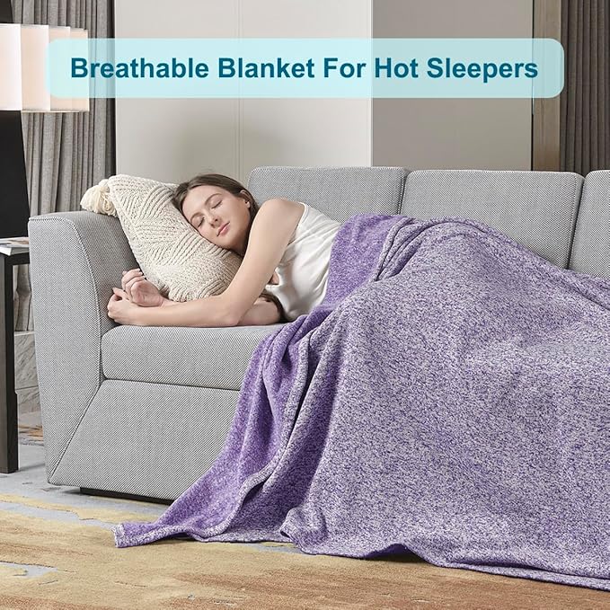 KAWAHOME Summer Sweatshirt Blanket King Size for Bed-Lightweight Breathable Blankets,Soft Thin Knit Jersey Blanket for Hot Sleepers,108 X 90 Inches, Heather Purple