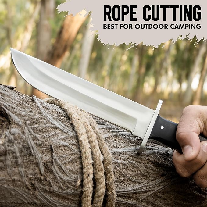 D2 13 Inch Full Tang Fixed Blade Bowie Knife with Leather Sheath - Suitable for Outdoor, Bushcraft, Survival, and Camping Knife with Black Micarta Handle