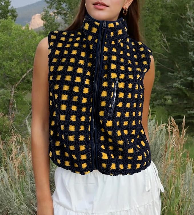 Colorful world Womens Checkered Sherpa Vest Fleece Jacket Lightweight Zip Up Sleeveless Crochet Plaid Gilet with Pocket
