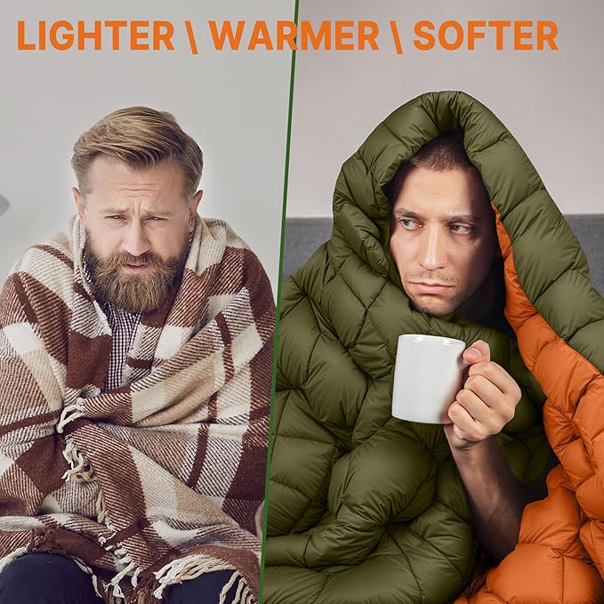 Down Puffy Blanket for Car Camping Outdoor Travel Backpacking, Duck Down Lightweight Portable Soft Warm Cozy Camping Blanket Quilt, Olive Green