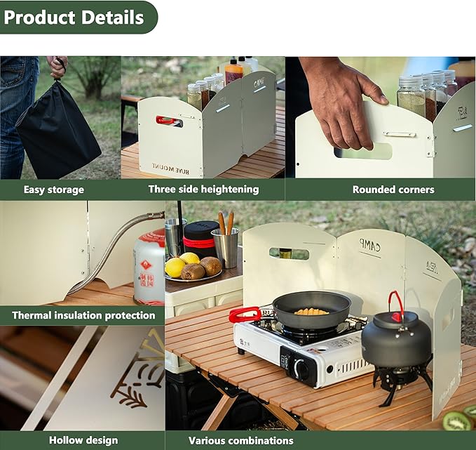 Outdoor Wind Deflector,Cassette Stove Folding Wind Deflector, Steel Windproof Hood for Stove, Gas Stove Wind Deflector, Camping Thickened Stove Ring, Portable 4 Plates Wind Blocker (Khaki)