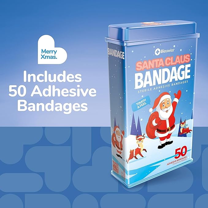 BioSwiss Bandages, Santa Claus Shaped Self Adhesive Bandage, Latex Free Sterile Wound Care, Fun First Aid Kit Supplies for Kids, 50 Count