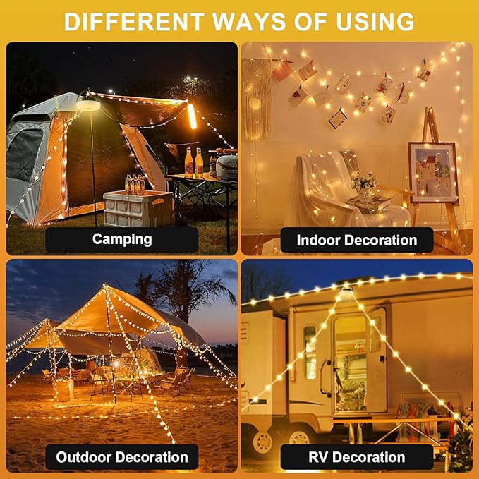 Solar Camping String Lights, 4 in 1 Quick Storage 33FT Rechargeable Tent Lights with 8 Lighting Modes, Hanging Waterproof Portable Retractable LED Lamp for Outdoor, Patio, RV, Awning, Garden, Party