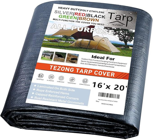 Tarps Heavy Duty Waterproof 16x20ft,TEZONG Black Tarps Multipurpose Large Outdoor Plastic Tarp Cover 12MIL Thick Poly Tarpaulin for Emergency Rain or Sun, Roof, Patio Furniture, Firewood, Canopy
