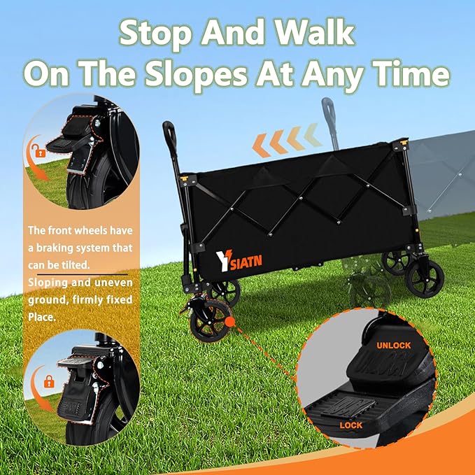 Collapsible Wagon Cart with Wheels Foldable, Folding Wagon Cart with All Terrain Wheel, Large Grocery Carts On Wheels, Heavy Duty Utility Wagons for Shopping Beach Sports Fishing Camping, 110L, Black