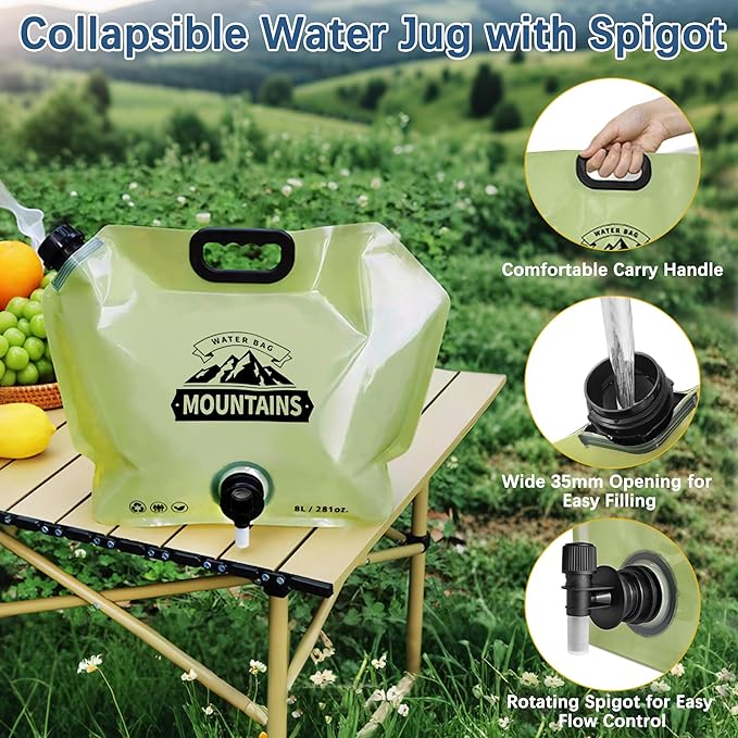 Camping Water Jug 2.1 Gallon Collapsible Water Container Portable Water Bag for Travel Outdoor Hiking BPA Free Lightweight (Green (2.1 Gal), 4)