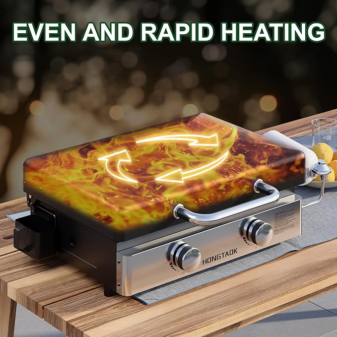 18 Inch Portable Gas Propane Griddle with Lid & Non-stick Ceramic Coated Baking Pan, Outdoor Tabletop Propane Grill for Cooking, Barbecue, Camping Tailgating
