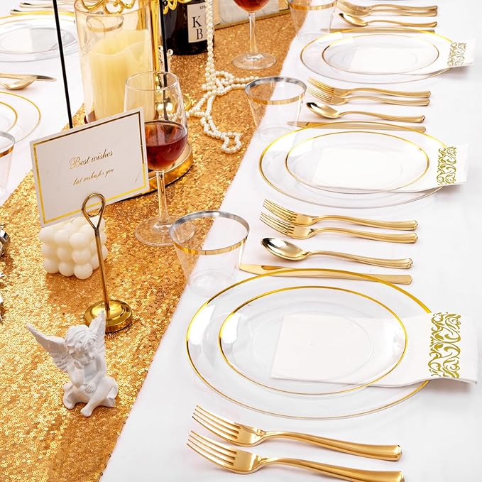 NOCCUR 350PCS Clear and Gold Plastic Plates - Gold Disposable Plastic Dinnerware Set for 50 Guests Include 100 Plastic Plates, 150 Gold Cutlery, 50 Cups&50 Napkins Idea for Wedding&Party