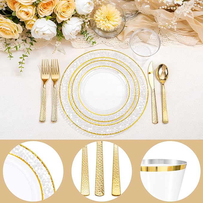 Ciaell 150PCS Clear Gold Plastic Plates - Disposable Gold Rim Plates include 25Dinner Plate, 25Dessert Plate, 25Forks, 25Knives, 25Spoons, 25Cups for Wedding & Party & Thanksgiving