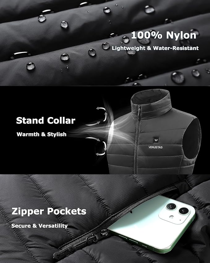 Venustas Men's Heated Vest with Battery, Up to 20 Hours of Warmth, Winter Quilted Vest for Outdoor