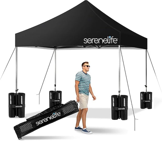 Pop Up Canopy Tent 10x10 - Commercial Instant Shelter Foldable/Collapsible Sun Shade Canopy Pop Up Tent w/Waterproof UV Resistant Tent Top, Portable Carry Bag & Sand Bag - SereneLife SLGZ10BA (Black)