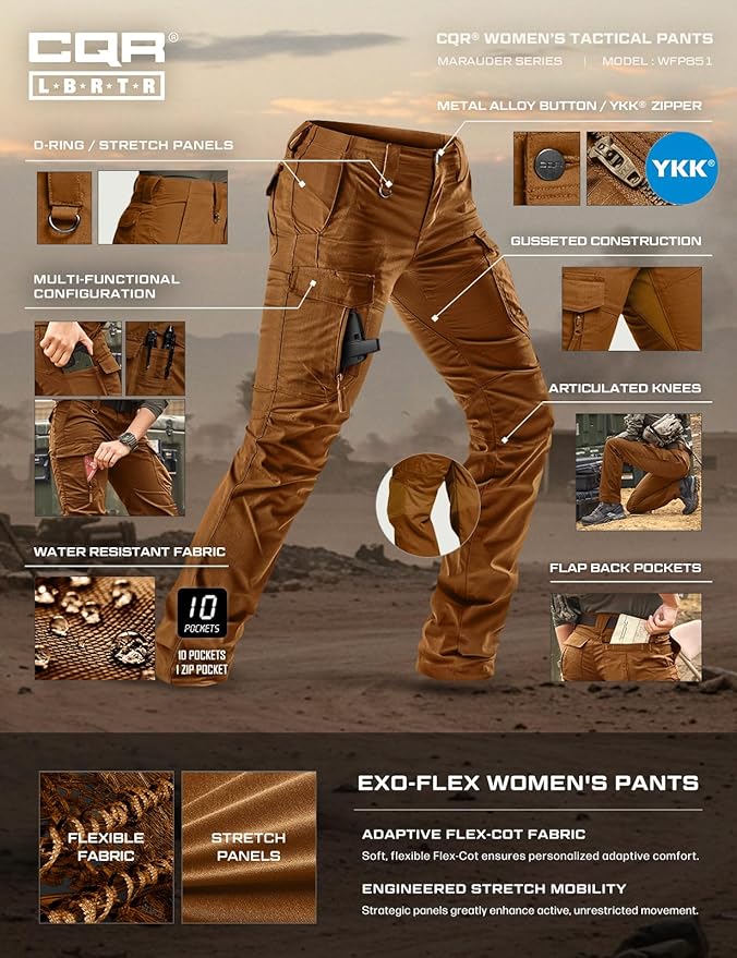 CQR Women's Flex Stretch Tactical Pants, Water Resistant Ripstop Cargo Work Pants with Pockets for Outdoor & Hiking