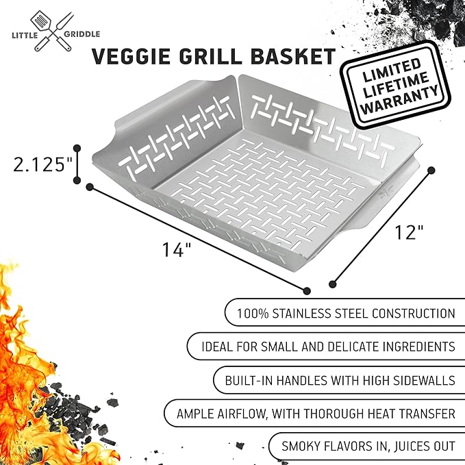 LITTLE GRIDDLE - GT-135 Grill Basket, High sidewalls with built-in handles, Heavy Duty, Stainless Steel Material and Vented Design, Durable and Easy to Clean - Silver