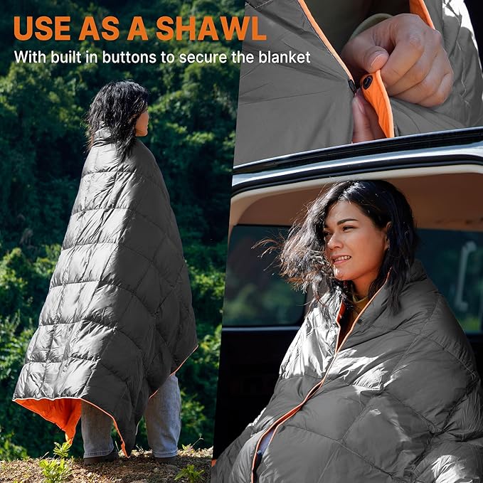 Down Puffy Blanket for Car Camping Outdoor Travel Backpacking, Duck Down Lightweight Portable Soft Warm Cozy Camping Blanket Quilt, Light Gray