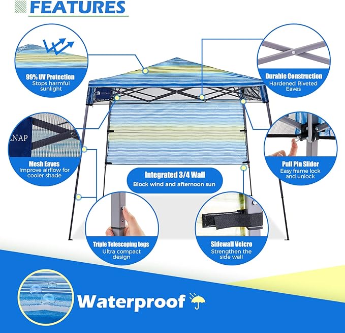 7’x7’ Instant Canopy Tent Pop up Canopy with One Sidewall Compact and Lightweight Beach Canopy with Backpack