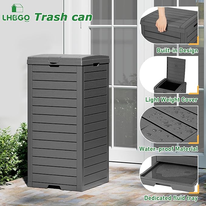 Outdoor Trash Can, 31 Gallon Garbage Can with Tiered Lid and Drip Tray, Waterproof Resin Patio Waste Bin for Garden, Backyard, Deck