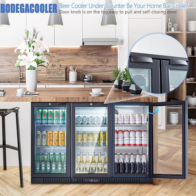 BODEGACOOLER Back Bar Cooler With 3 Glass Doors 11.4 cu.ft, 21 Inch Counter Height Commercial Beverage Refrigerator with LED Lighting,Display Beverage Cooler for Beer,Soda Drinks,Wine