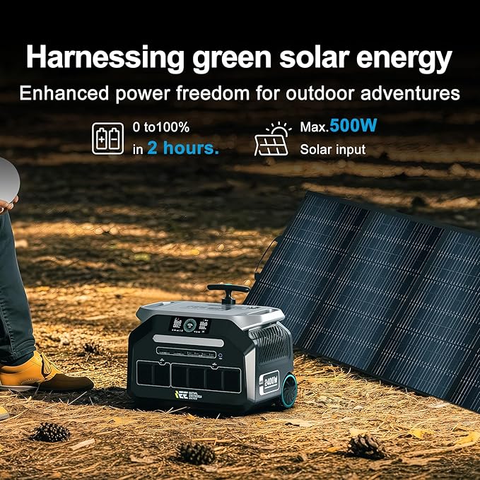 IEE P2400 Portable Power Station with 1x400W Solar Panel,2400W AC Outlet(Peak 5000W),1800W 1.2H Fast Charge,2048WH Lifepo4 Battery,5-8MS EPS Switch Below 30DB Solar Power Generator for Home Backup,RV.
