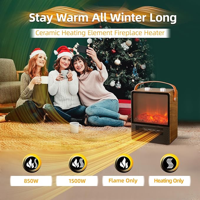 RealSmart Small Electric Fireplace 1500W Space Portable Heater for Indoor Use 4 Adjustable Modes Ceramic Mini Fireplace 3D Realistic Flame Overheating Safety Protection