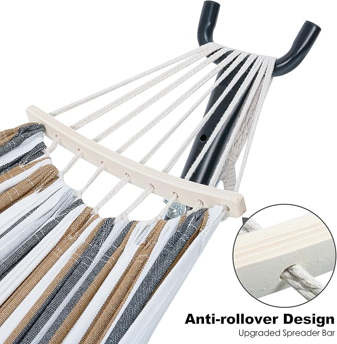 Double Hammock with Stand for Outside, Upgraded Spreader Bar, Heavy Duty Space Saving Steel Stand 2 Person, Convenient Pockets, Easy Assembly, 600lbs Weight Capacity, Indoor & Outdoor (Coffee)