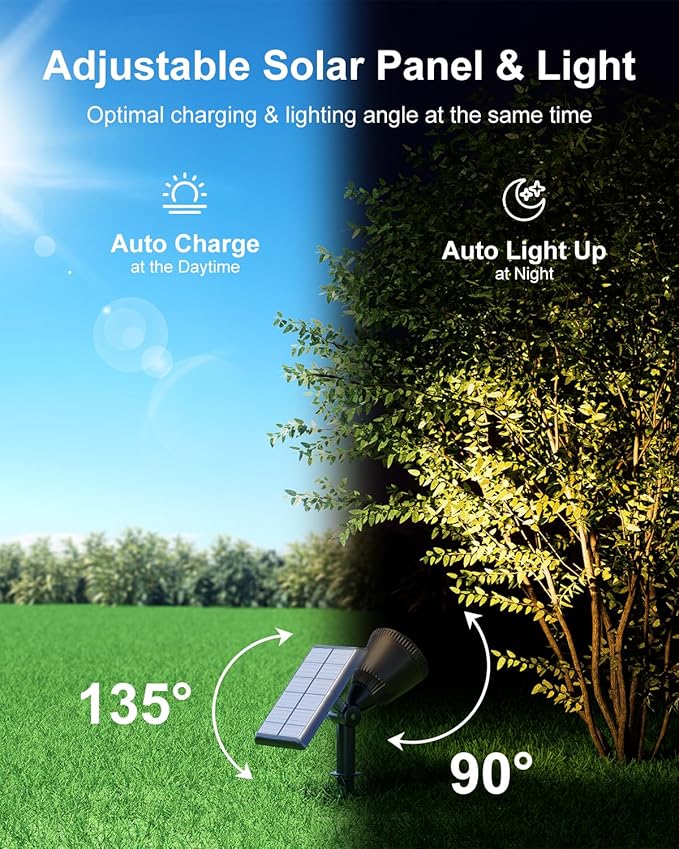 2 Pack Outdoor Solar Powered Spot Lights Waterproof Bright LED Spotlights Outside Uplighting for Yard Flag, Tree, Lawn, Garden, Backyard, House, Driveway, Super Focused Lens Spotlights, Warm White