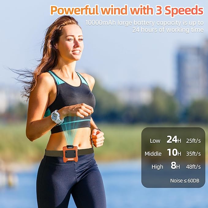 AMKEN Waist Fan - 3-Speed Clip-On Belt Fan, 16000RPM Strong Airflow, 24H Rechargeable Battery (10000mAh), LED SOS & Red-blue Light - Portable Cooling for Jobsite, Camping, Fishing, Outdoor