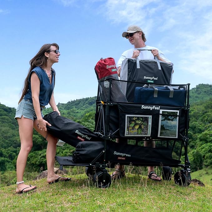 SUNNYFEEL 550L Large Capacity Folding Sports Wagon, 550LBS Heavy Duty Collapsible Cart,Extra High Extender Wagon Cart with Tailgate, All-Terrain Big Wheels for Camping Fishing & Outdoor Use,Black