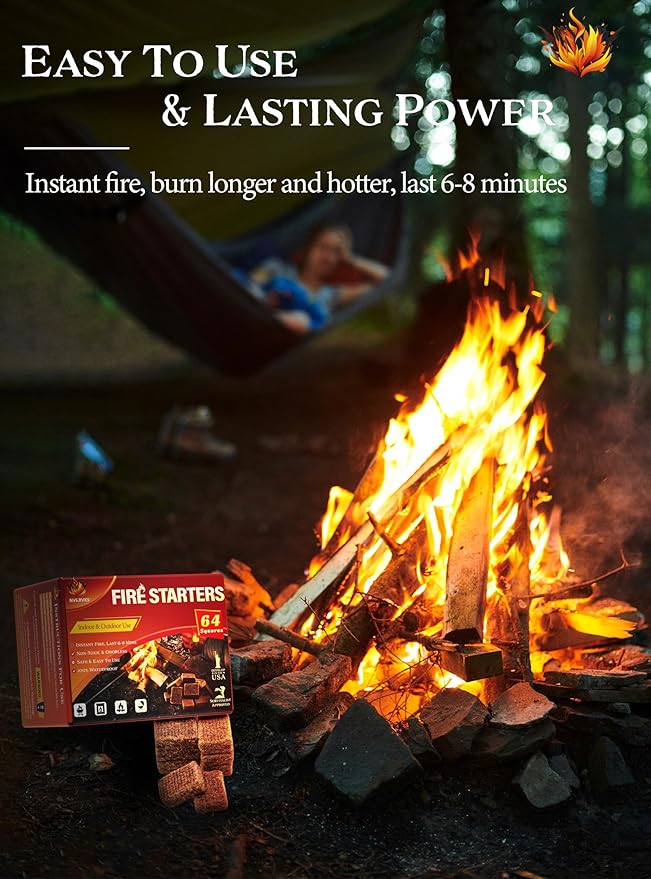 Fire Starter, Easy-Burning Fire Starter Squares for Wood Stoves, Campfires, Grill Pit and Fireplace, Natural & Waterproof BBQ Fire Starters, 64 Mini Square