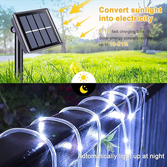 JMEXSUSS 200 LED Solar Rope Lights for Pool, 72ft 8 Modes Solar Rope Lights Outdoor Waterproof LED Solar Powered Rope Tube Fairy Lights for Fence,Gazebo,Yard,Walkway,Path,Garden Decor(White)