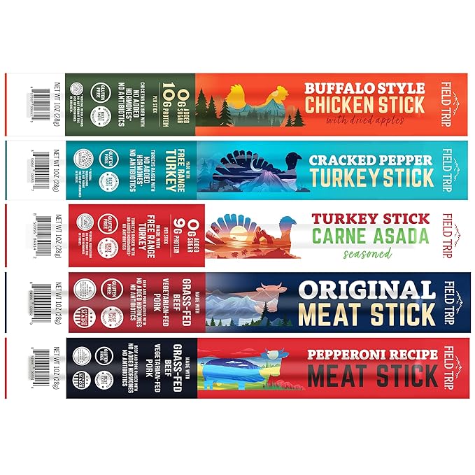 Field Trip Grass Fed and Free Range Variety Jerky Snack Sticks, Keto, Paleo, Gluten Free, Allergy Friendly Snack, High Protein, 90 and 100 Calorie Snack, 1oz, 10 Pack