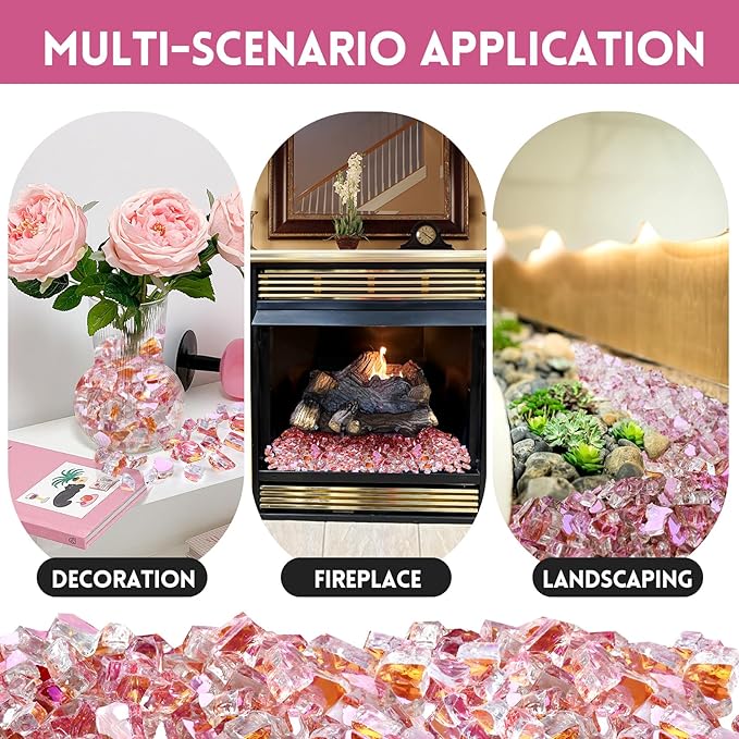 20 Pounds Fire Glass 1/2 Inch High Reflective Tempered Firepit Glass Rocks for Fireplace, Fire Pit Table, Fire Bowl and Landscaping (Rose Gold)