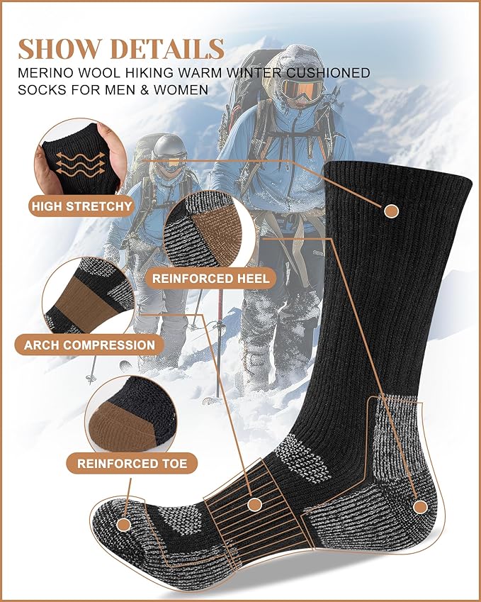 Merino Wool Thermal Socks for Men & Women, 3 Pairs Full Cushion Winter Boot Socks for Cold Weather Hiking Work