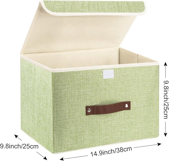 TYEERS Collapsible Storage Boxes, Washable Fabric Storage Bins with Lids, 14.9x9.8x9.8 inches, 2 Pack, Green