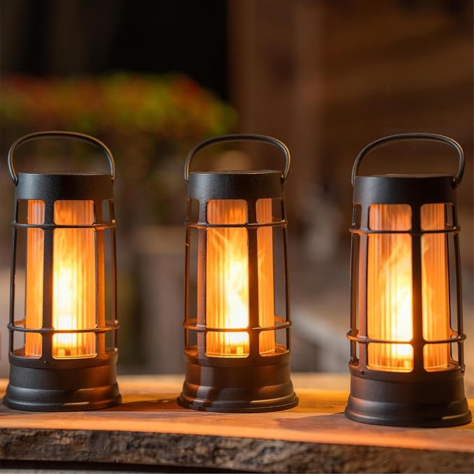 Metal Outdoor Solar Lantern, Flickering Solar Lanterns Outdoor Waterproof with Patented LED, Outdoor Lanterns for Porch, Patio, Garden, Tabletop, Hanging Use, Matte Black (4 Pack)