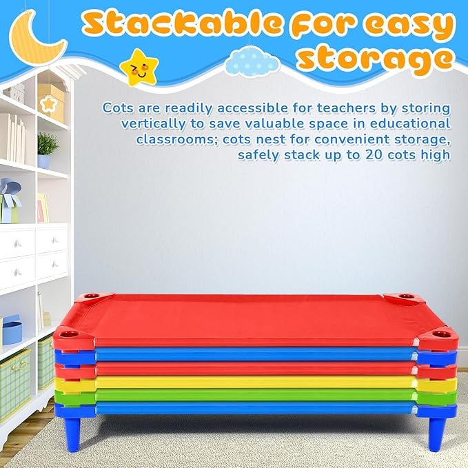 6 Pcs Stackable Daycare Cots for Toddler 54" l x 23" W Kids Cots for Sleeping Portable Kids Bed Furniture Bed Frames Headboards Footboards for Classroom Preschool (Multicolor)
