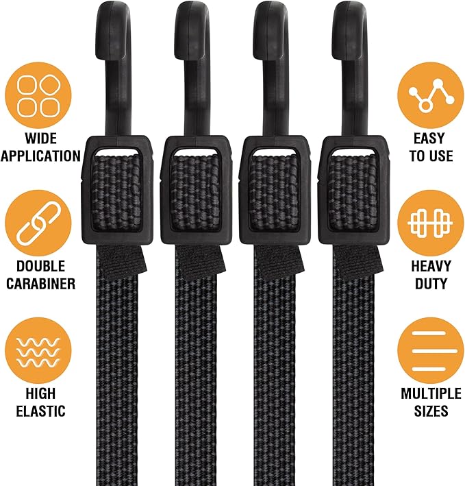 Bungee Cords, Flat Adjustable Bungee Cords with Hooks Heavy Duty 48 Inch, Elastic Rubber Black Bungee Straps with Buckle Hooks for Outdoor, Camping, Tarps, Bike Rack, Tent, Truck, 6 Pack