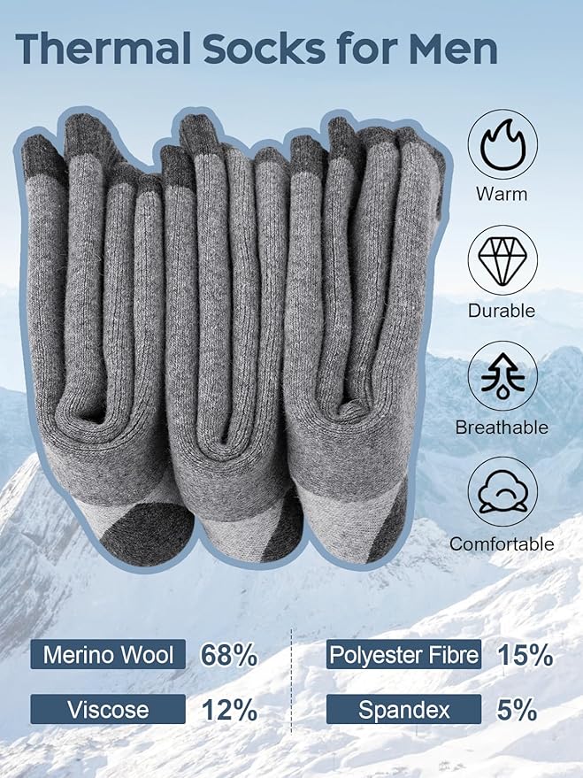 Senker Fashion Merino Wool Hiking Socks for Men, Warm Crew Socks W/Cushion Moisture Wicking for Trekking Work Outdoor