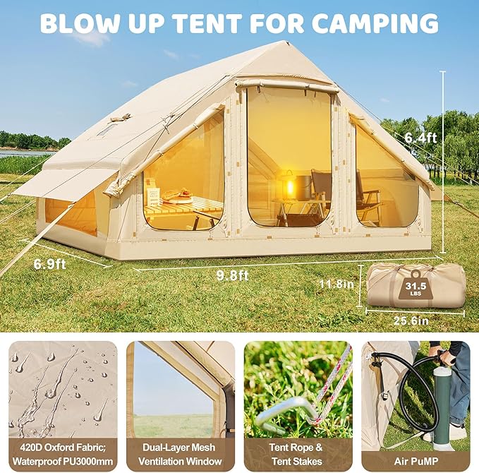 Inflatable Tents for Camping, Blow Up Tent with Hand Pump, Easy Setup InflatableTent 4 Season Tent, Waterproof Oxford Air Glamping Tents for Camping Adult 4/6/8 Person