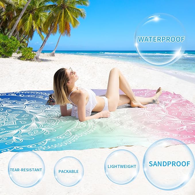 BYDOLL Beach Blanket Waterproof Sandproof 78''ร81'' Suits1-4 Adults Compact Lightweight Oversized Sand-Free Blanket Large Picnic Mat for Beach Travel Camping Hiking