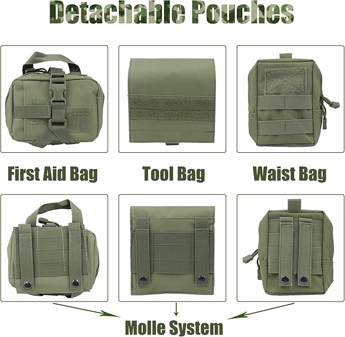 AIWAI Tactical Dog Harness with Pouches,Dog Vest Harness for Large Medium Dogs No-Pull Adjustable Military Dog Harness with Handle Walking Hiking Training (Army Green, S)